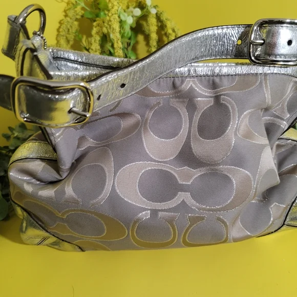Coach Peyton White Silver Satin Canvas Logo Metallic Hobo Bag - Picture 5 of 14